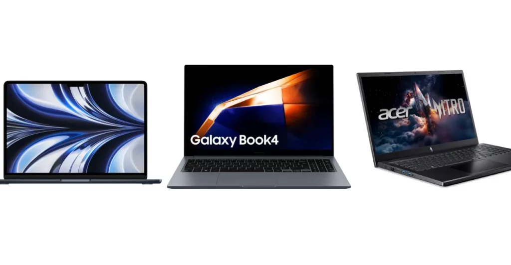 Três modelos de notebooks abertos exibindo suas telas e teclados em um fundo branco, ilustrando como escolher um notebook bom.