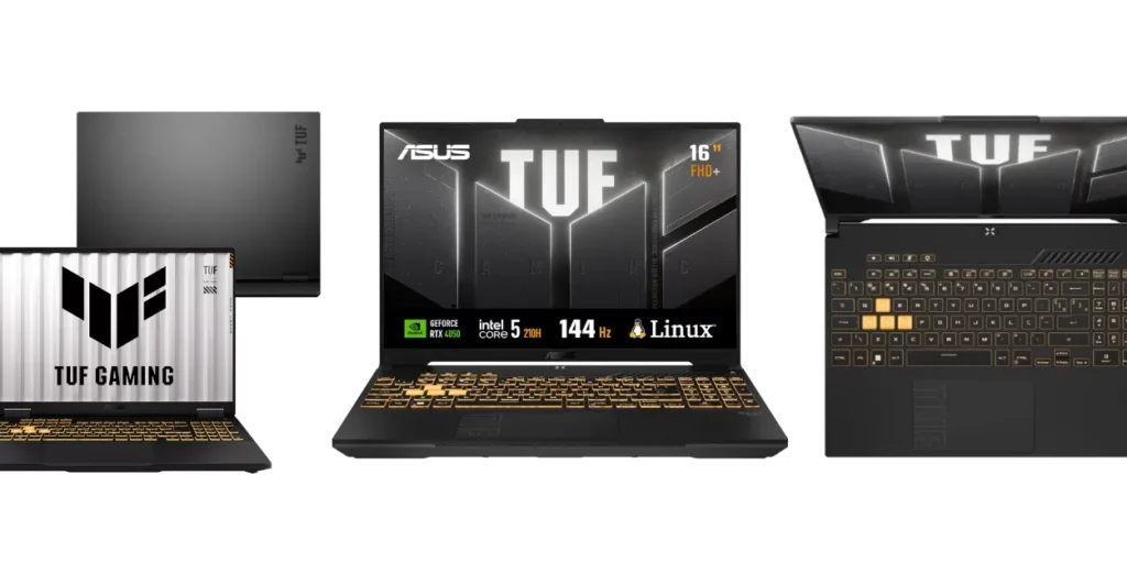 Notebook ASUS TUF Gaming F16 com processador Intel Core 5 210H e placa de vídeo RTX 4050, mostrando tela, teclado e parte traseira
