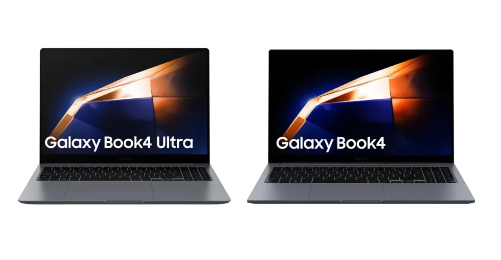Notebooks Samsung Galaxy Book4 Ultra e Galaxy Book4 lado a lado, mostrando tela e teclado dos dois modelos