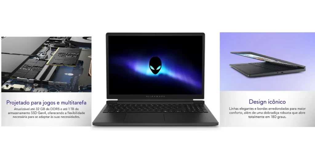 Notebook gamer Alienware com logo do alien na tela, ao lado de detalhes da memória DDR5 atualizável até 32 GB e da dobradiça que abre 180 graus