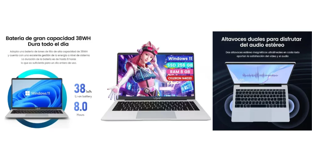 Notebook VSAP Intel Celeron N4020 com 8 GB de RAM, SSD de 256 GB e Windows 11, mostrando bateria de 38 Wh e alto-falantes estéreo
