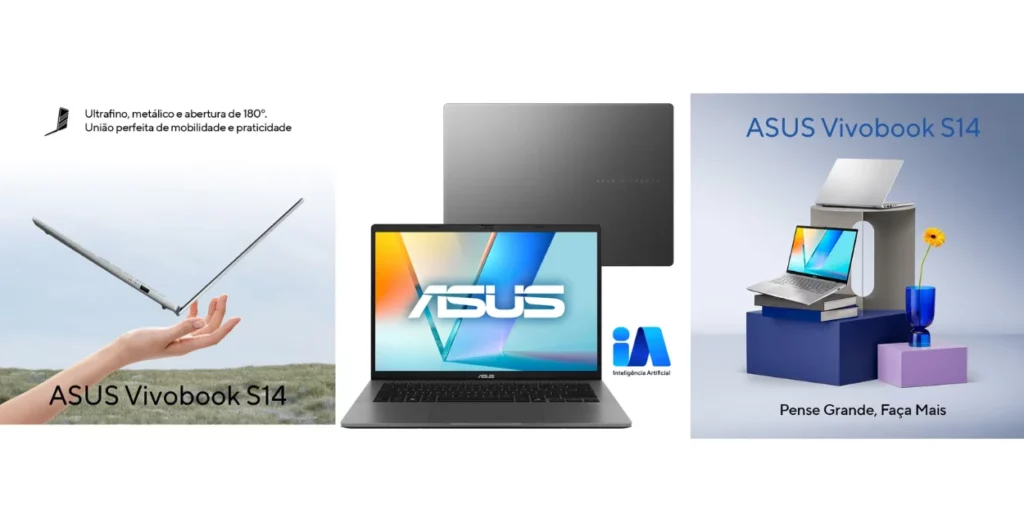 Composição promocional do notebook ASUS Vivobook S14 destacando o design ultrafino, abertura de 180°, acabamento metálico e recursos de Inteligência Artificial.