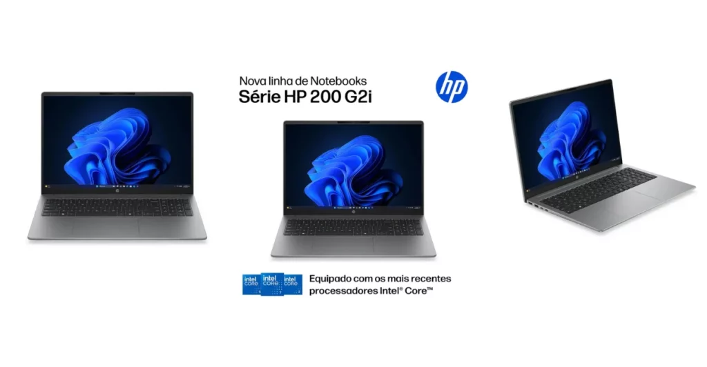Notebook HP Série 200 G2i com processador Intel Core e Windows 11, na cor prata, em três ângulos: duas vistas frontais e uma em perspectiva