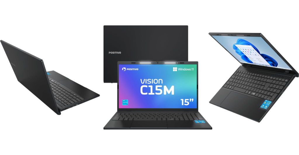 Notebook Positivo Vision C15M de 15 polegadas com Windows 11, na cor preta, em três ângulos: vista traseira, frontal e aberto em perspectiva