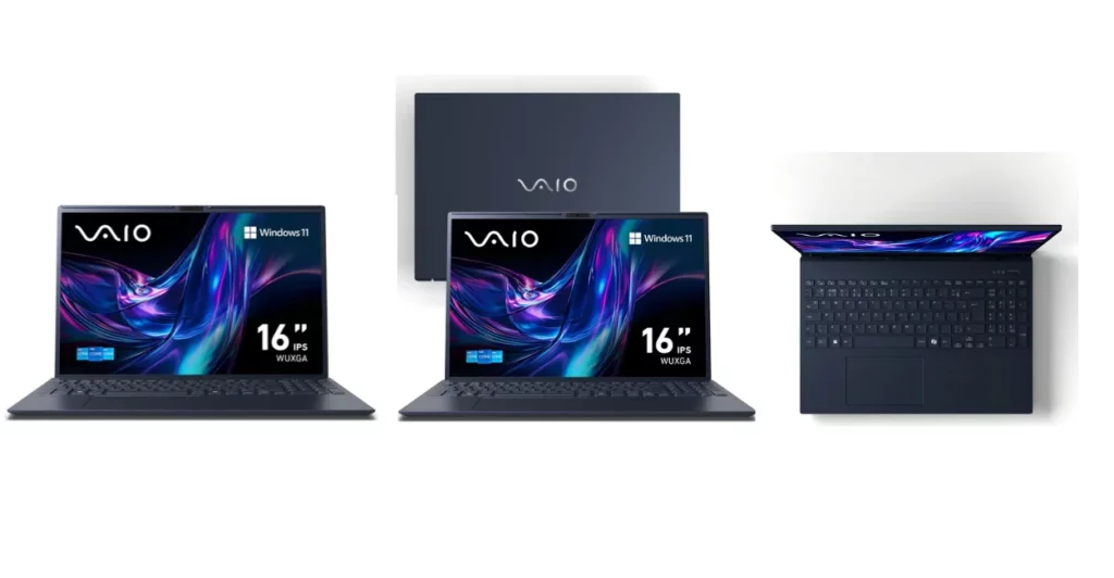 Notebook VAIO de 16 polegadas com tela IPS WUXGA, Intel Core e Windows 11, na cor azul-marinho, em vista frontal, traseira e superior