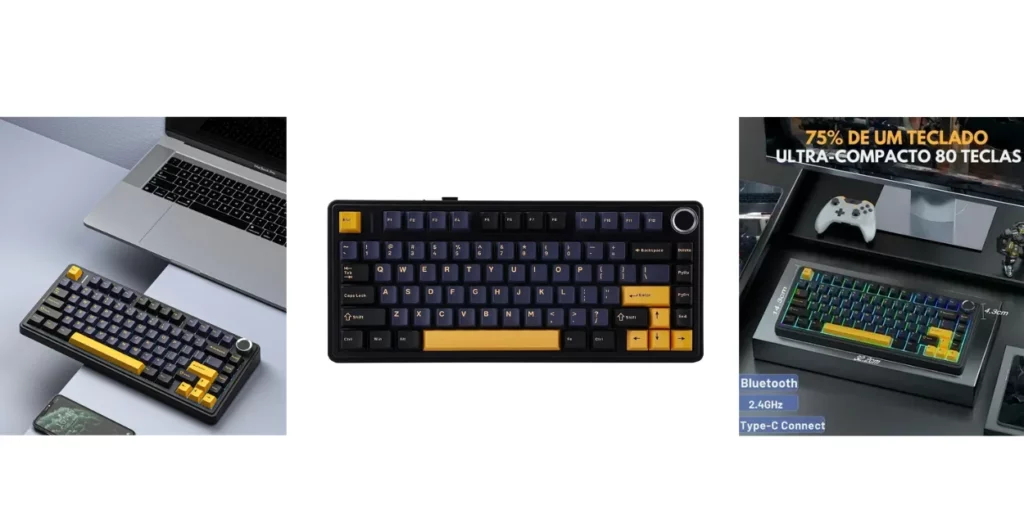 Teclado mecânico 75% com 80 teclas, sem fio (Bluetooth e 2.4GHz), em três ângulos: ao lado de um notebook, vista superior do layout e iluminação RGB